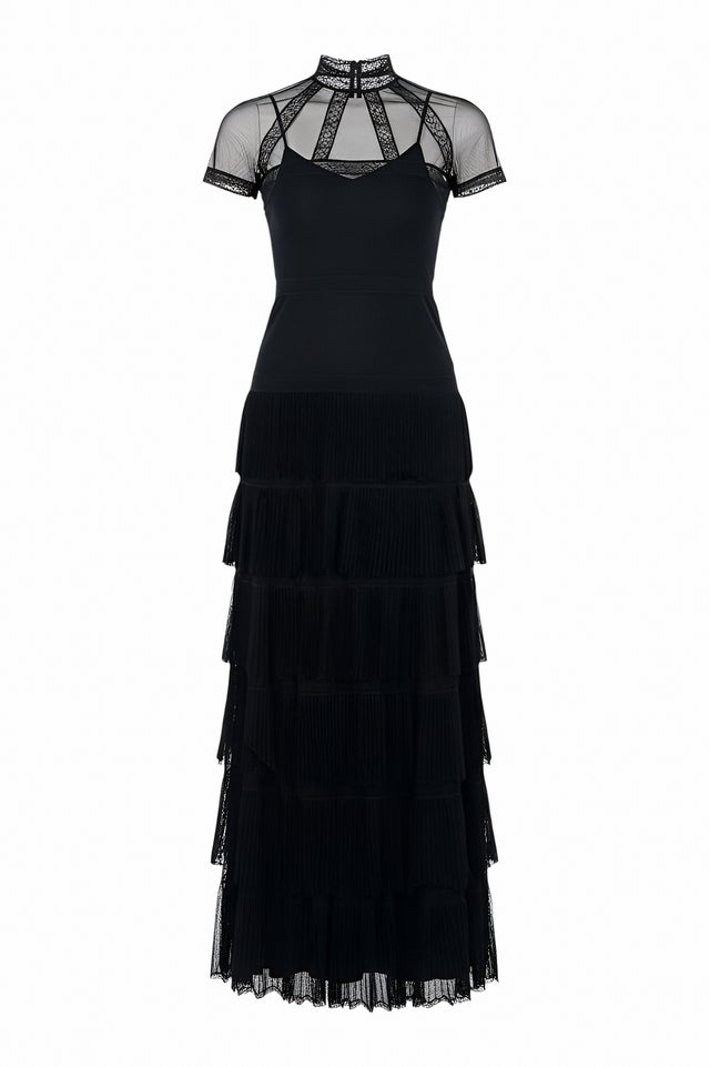 Valentino Sheer Lace Panel Tiered Evening Gown in Black