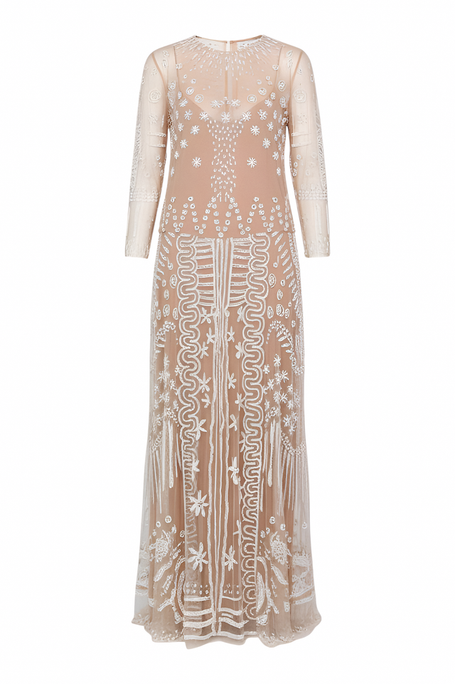 Valentino Beige Sheer Embroidered Maxi Dress