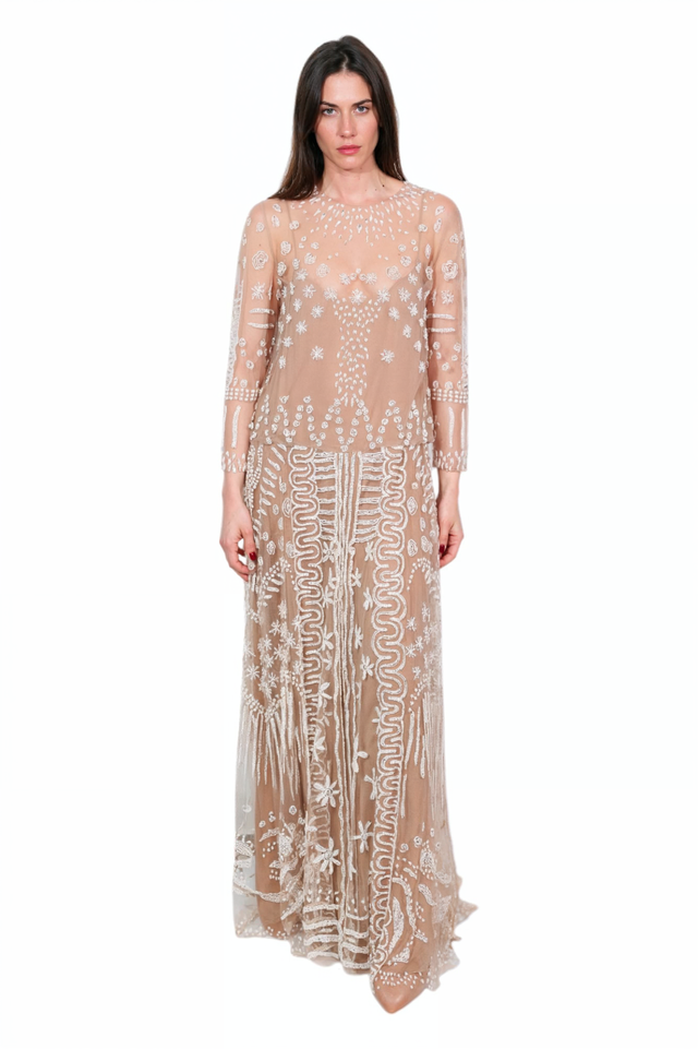 Valentino Beige Sheer Embroidered Maxi Dress