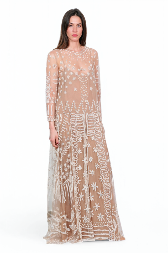 Valentino Beige Sheer Embroidered Maxi Dress