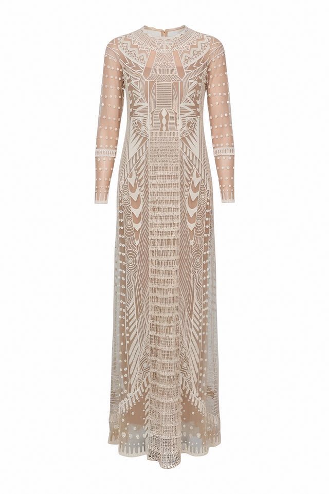 Valentino Beige Geometric Embroidered Sheer Gown
