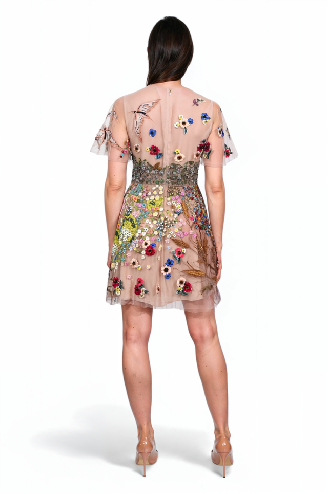 Valentino Embroidered Tulle Mini Dress with Floral Appliqué