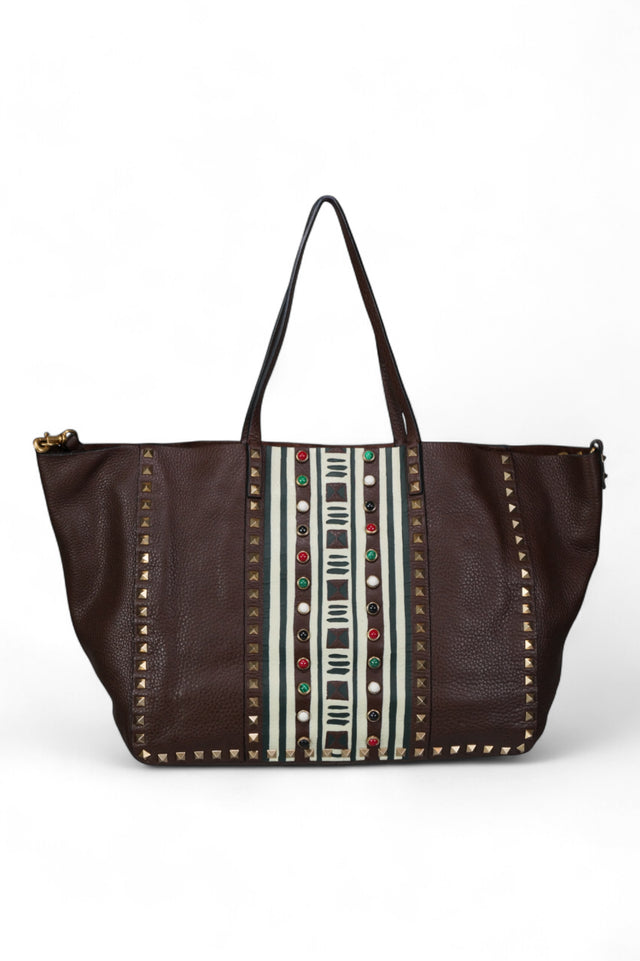 Valentino Garavani Rockstud Embellished Leather Tote Bag — Brown Multi