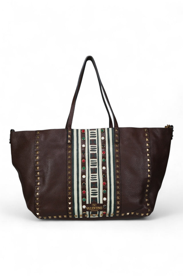 Valentino Garavani Rockstud Embellished Leather Tote Bag — Brown Multi