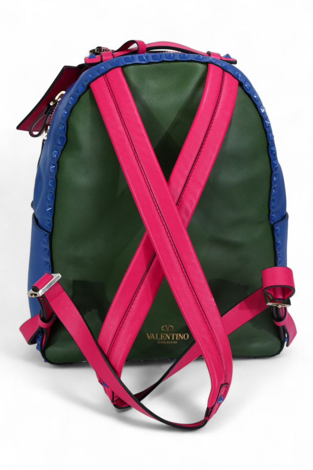 Valentino Garavani Rockstud Colorblock Leather Mini Backpack — Royal Blue, Tan & Green