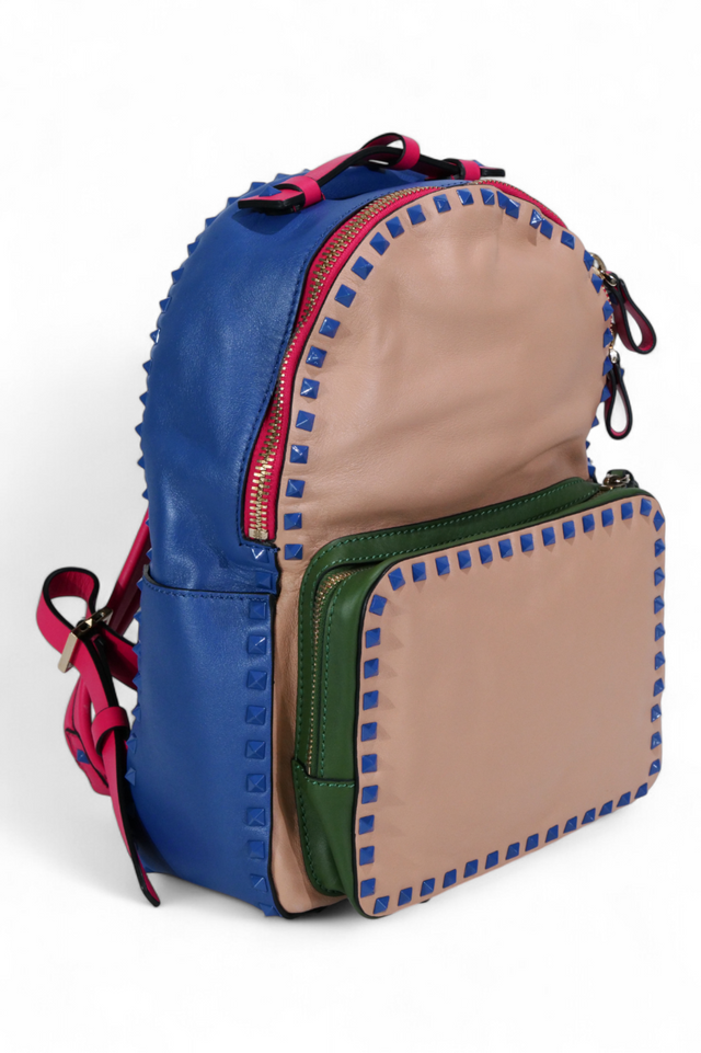 Valentino Garavani Rockstud Colorblock Leather Mini Backpack — Royal Blue, Tan & Green