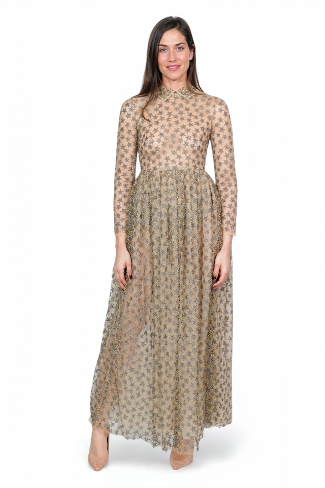 Valentino Sheer Star-Embroidered Gown with Collared Detail