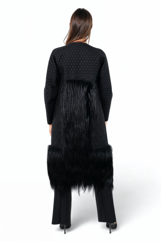 Valentino Quilted Black Coat with Long Fur Accents