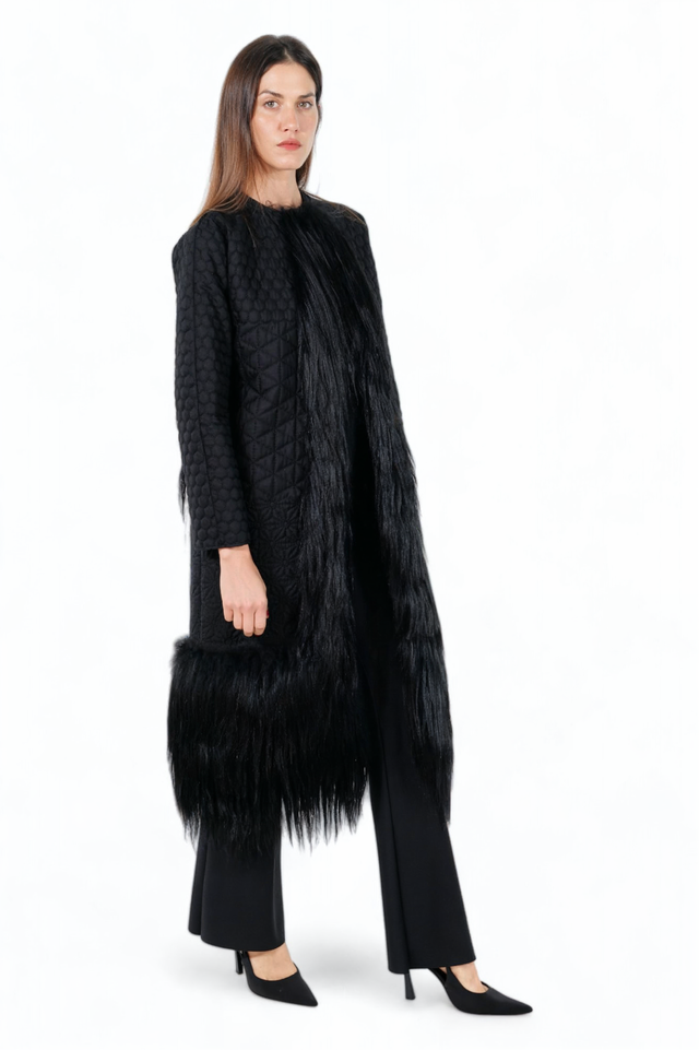 Valentino Quilted Black Coat with Long Fur Accents