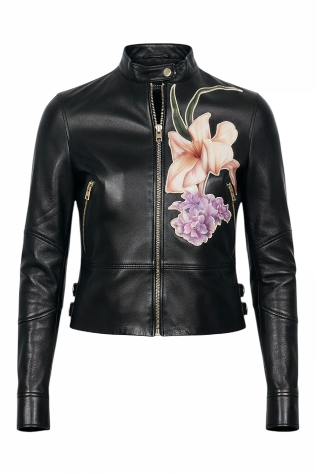 Valentino Black Leather Jacket with Hand-Painted Floral Detail