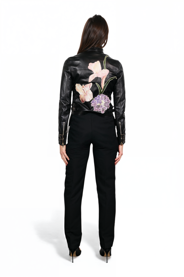 Valentino Black Leather Jacket with Hand-Painted Floral Detail