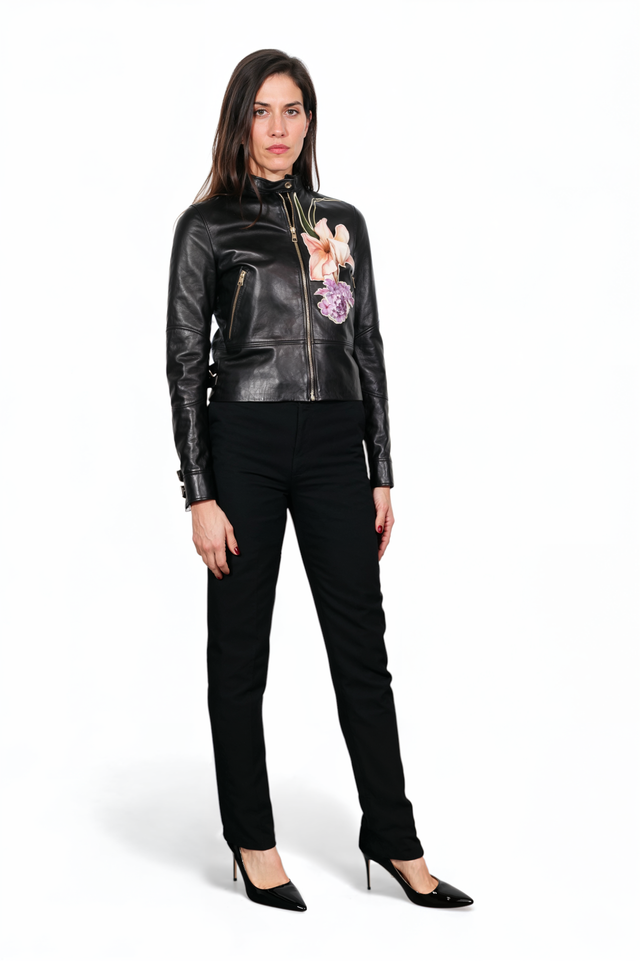 Valentino Black Leather Jacket with Hand-Painted Floral Detail