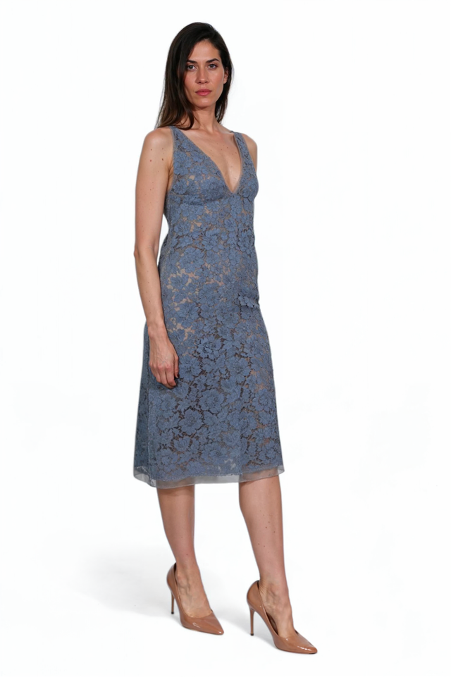 Valentino Lace Slip Dress in Dusty Blue