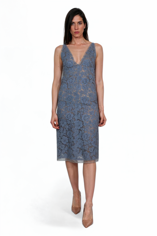 Valentino Lace Slip Dress in Dusty Blue