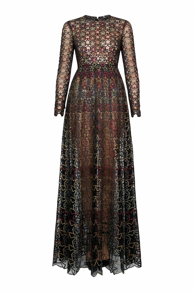 Valentino Multicolor Embroidered Sheer Long-Sleeve Gown