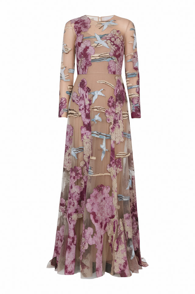 Valentino Sheer Embroidered Gown with Botanical & Bird Motif