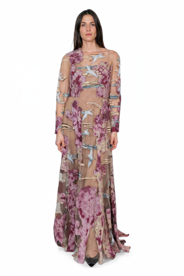 Valentino Sheer Embroidered Gown with Botanical & Bird Motif