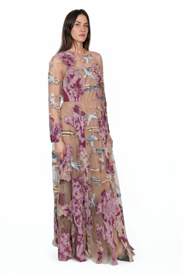Valentino Sheer Embroidered Gown with Botanical & Bird Motif