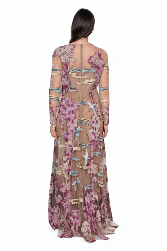 Valentino Sheer Embroidered Gown with Botanical & Bird Motif