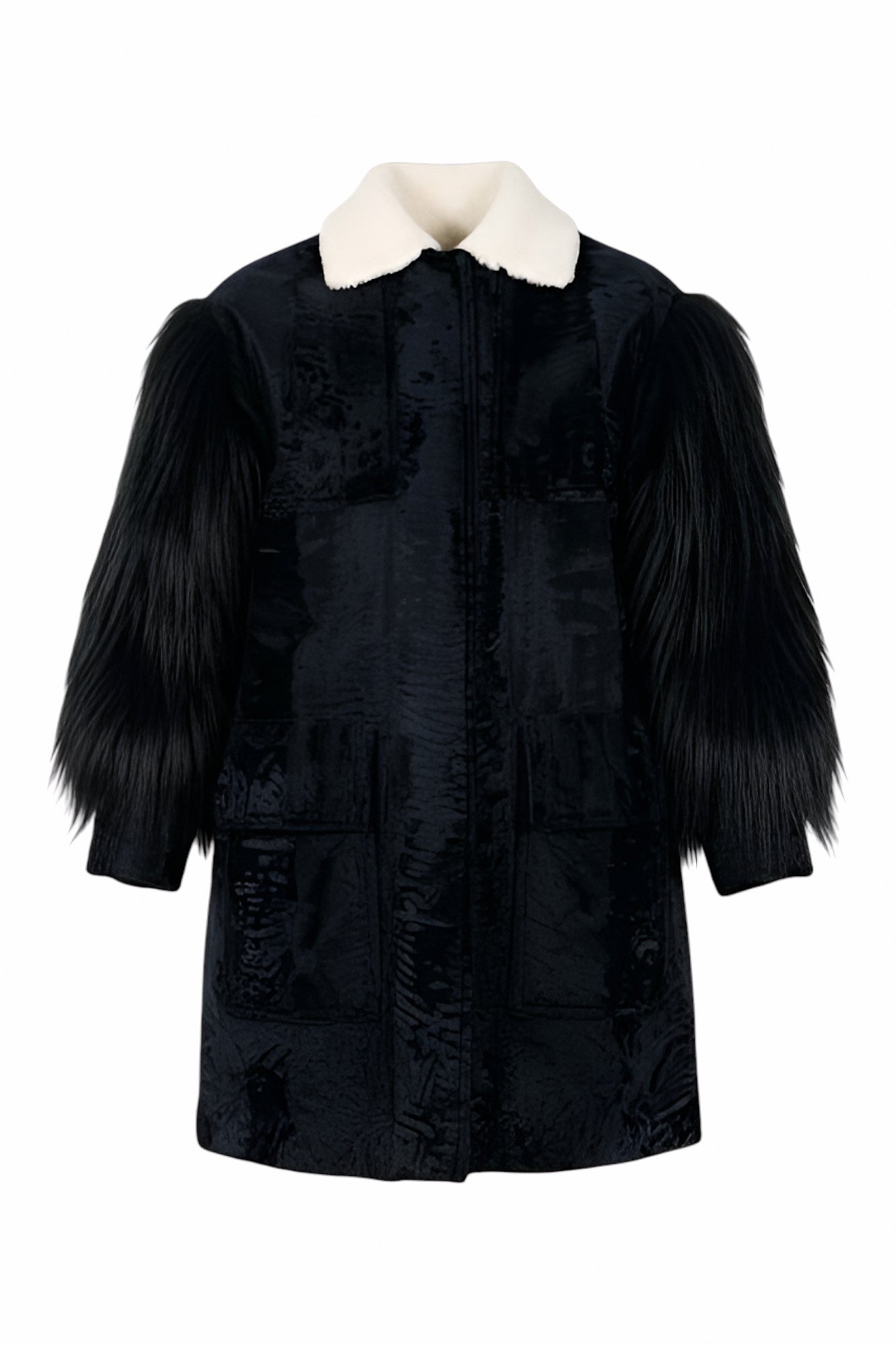 VALENTINO ブラックファーアウター Valentino Midnight Black Textured Coat with Faux Fur Sleeves – MSA