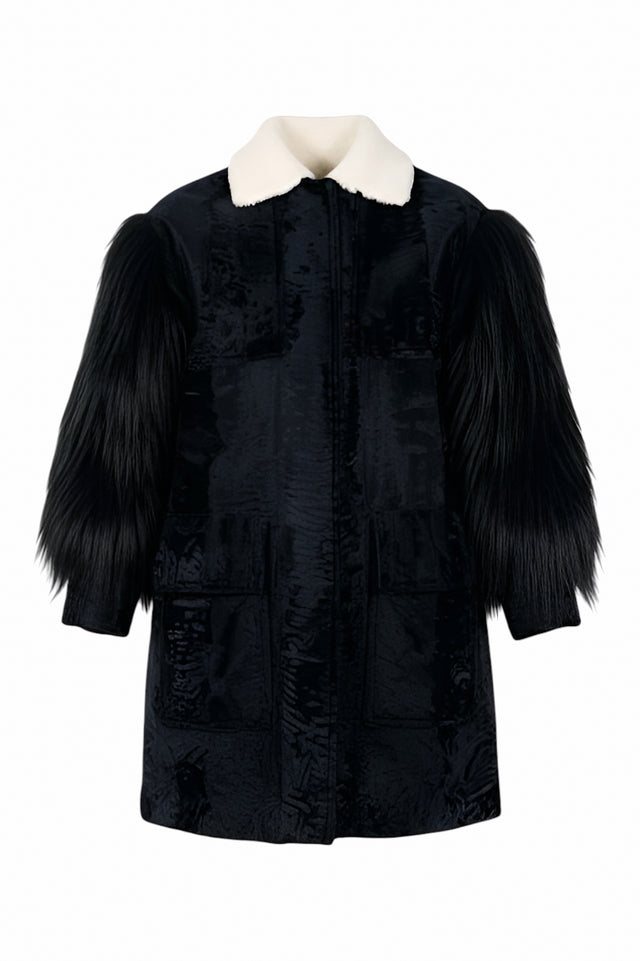 Valentino Midnight Black Textured Coat with Faux Fur Sleeves