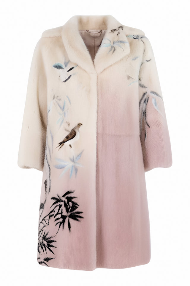 Valentino Blush and Cream Embroidered Fur Coat with Nature Motif