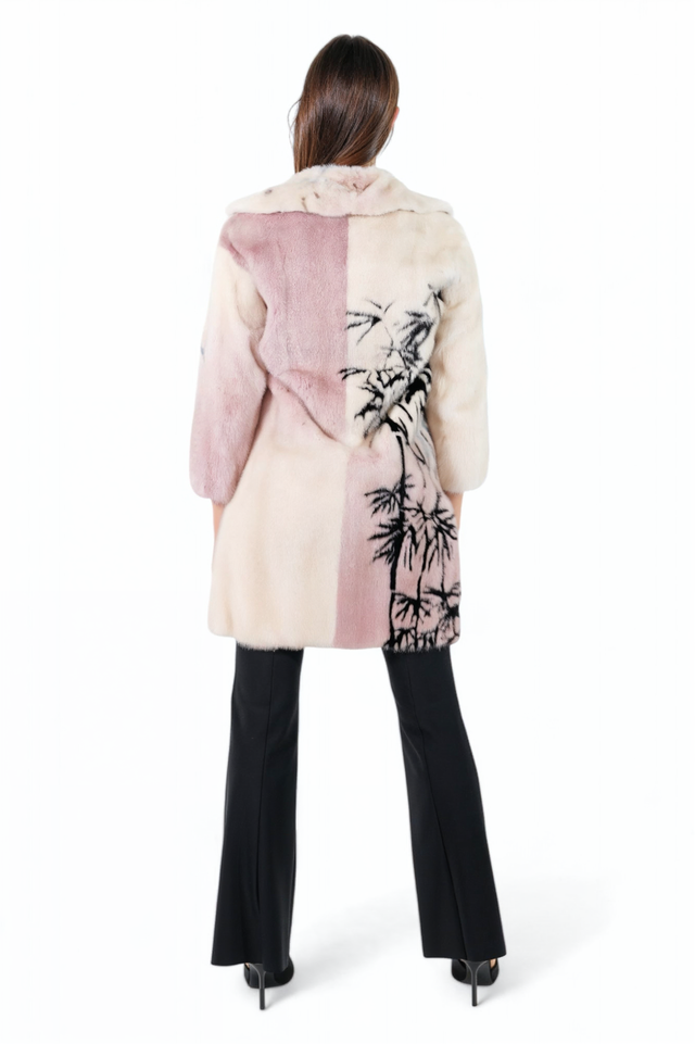 Valentino Blush and Cream Embroidered Fur Coat with Nature Motif