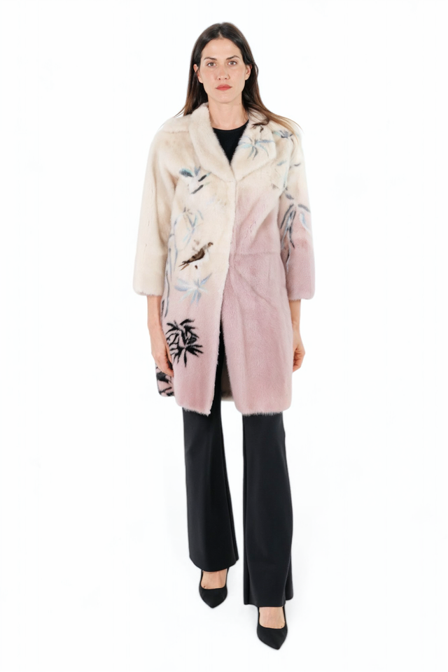 Valentino Blush and Cream Embroidered Fur Coat with Nature Motif