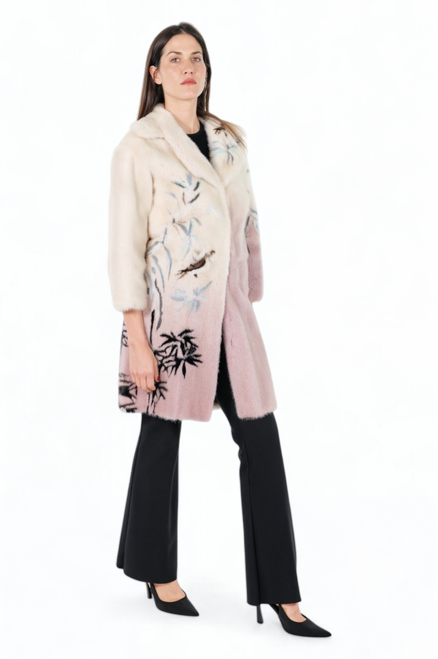 Valentino Blush and Cream Embroidered Fur Coat with Nature Motif