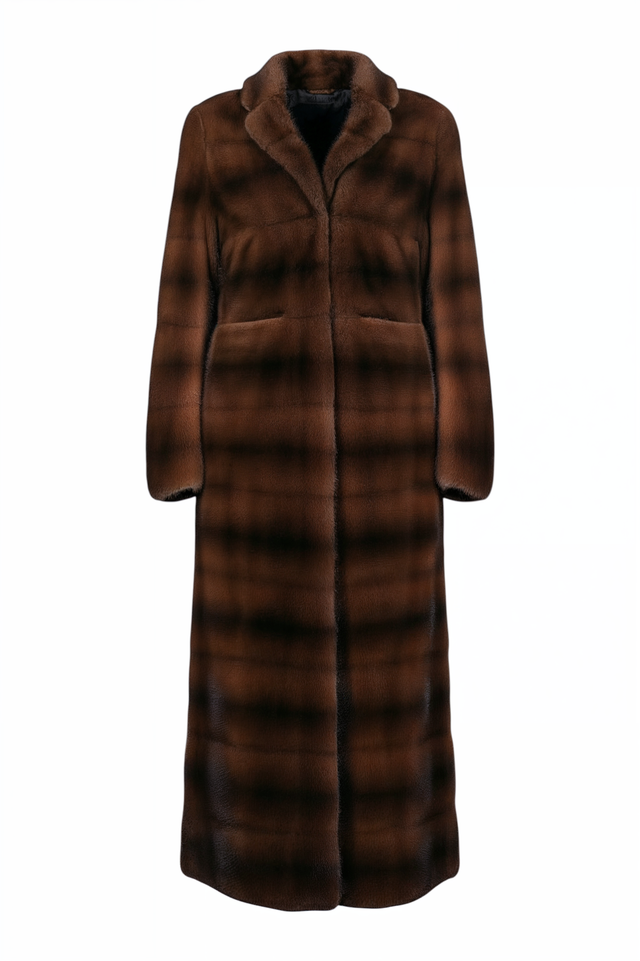 Long Brown Mink & Wool Panel Coat