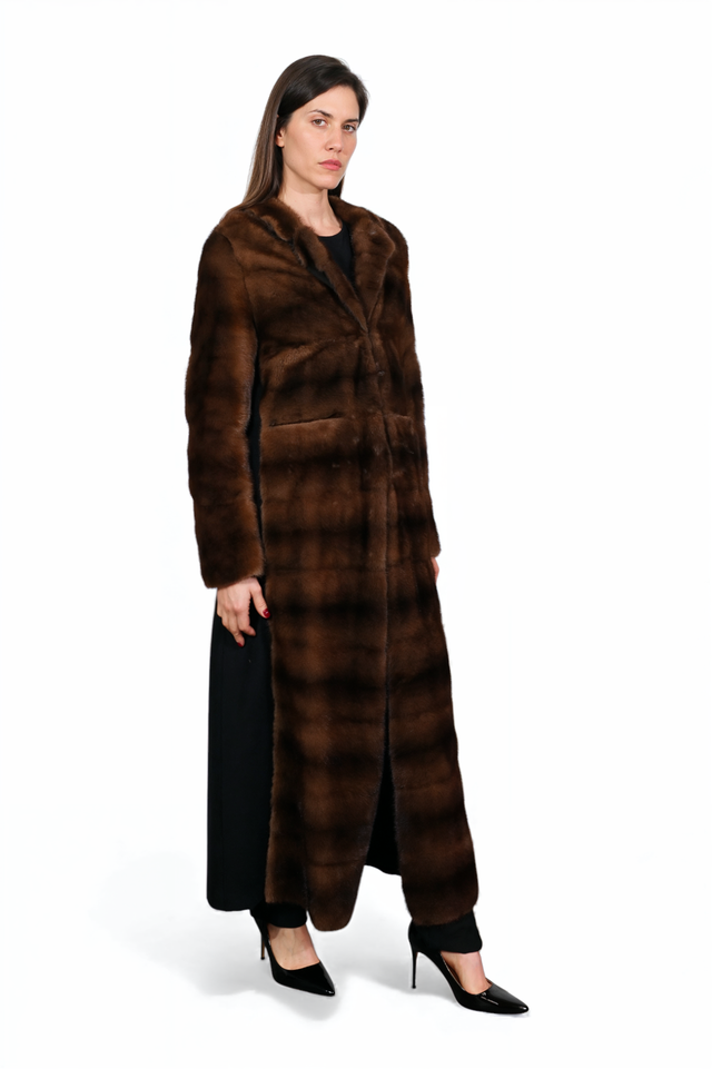 Long Brown Mink & Wool Panel Coat