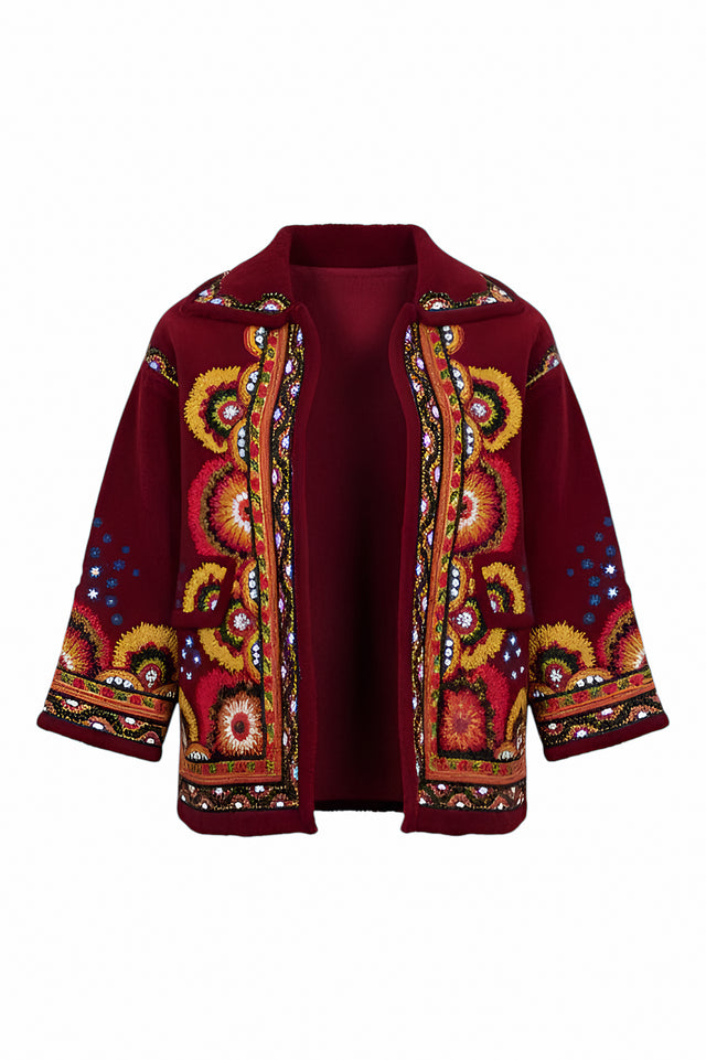 Valentino Bohemian Embroidered Wool Jacket in Burgundy