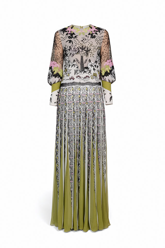 Valentino Multicolor Embroidered Long-Sleeve Gown