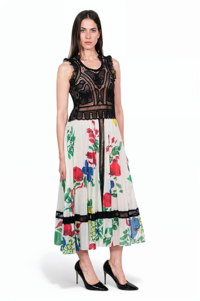 Valentino Black Lace Bodice & Multicolor Floral Pleated Skirt Dress