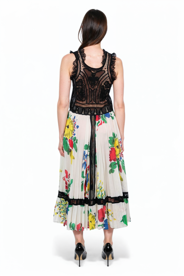 Valentino Black Lace Bodice & Multicolor Floral Pleated Skirt Dress