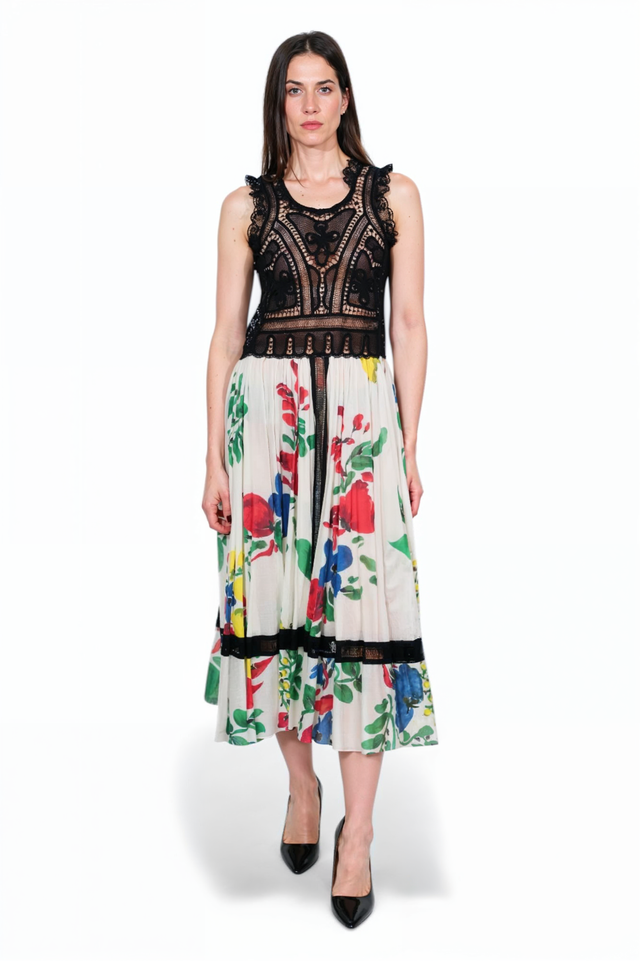 Valentino Black Lace Bodice & Multicolor Floral Pleated Skirt Dress