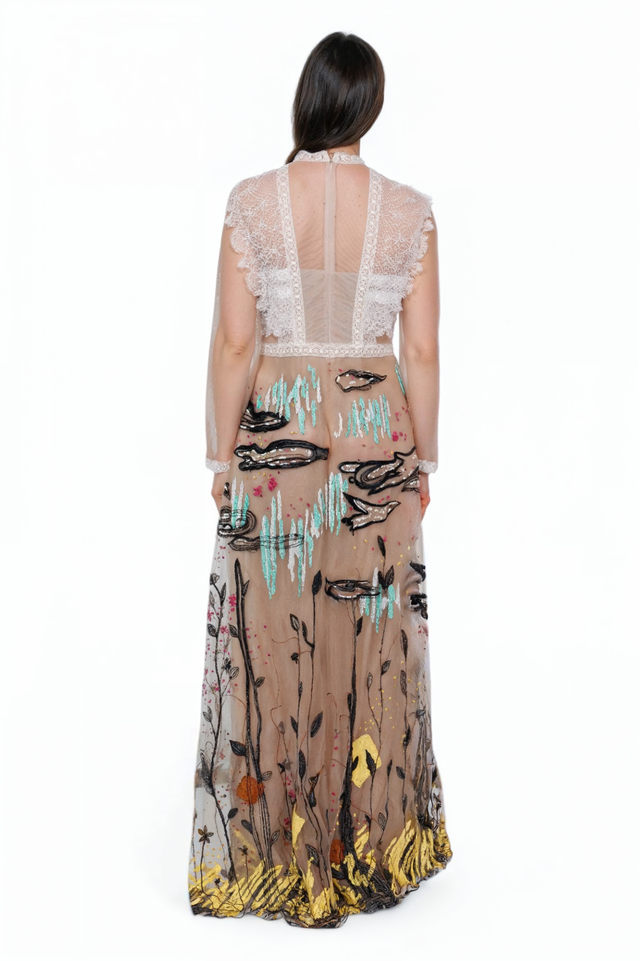 Valentino Sheer Lace & Embroidered Gown with Nature Motif