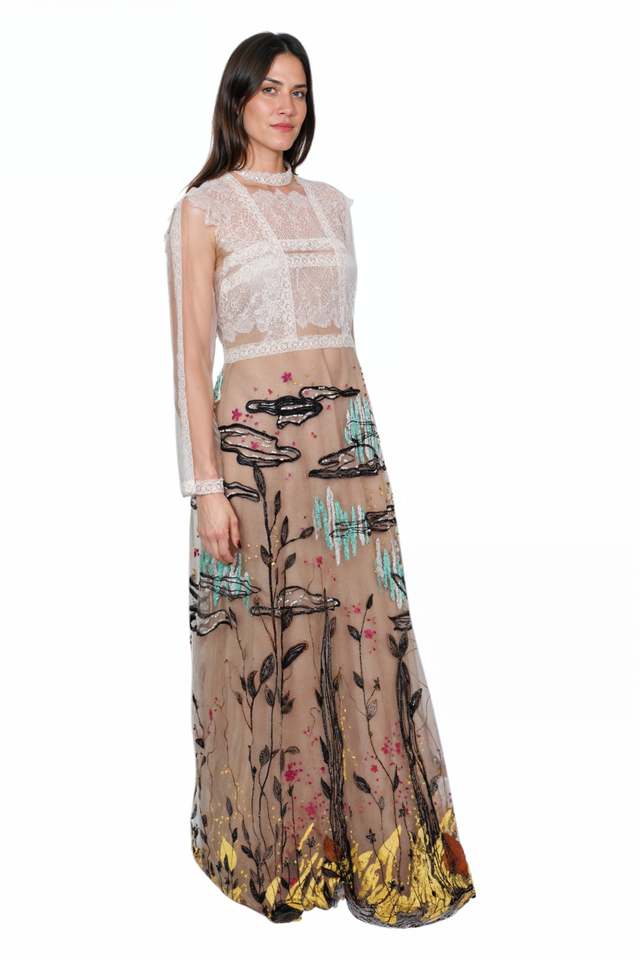 Valentino Sheer Lace & Embroidered Gown with Nature Motif