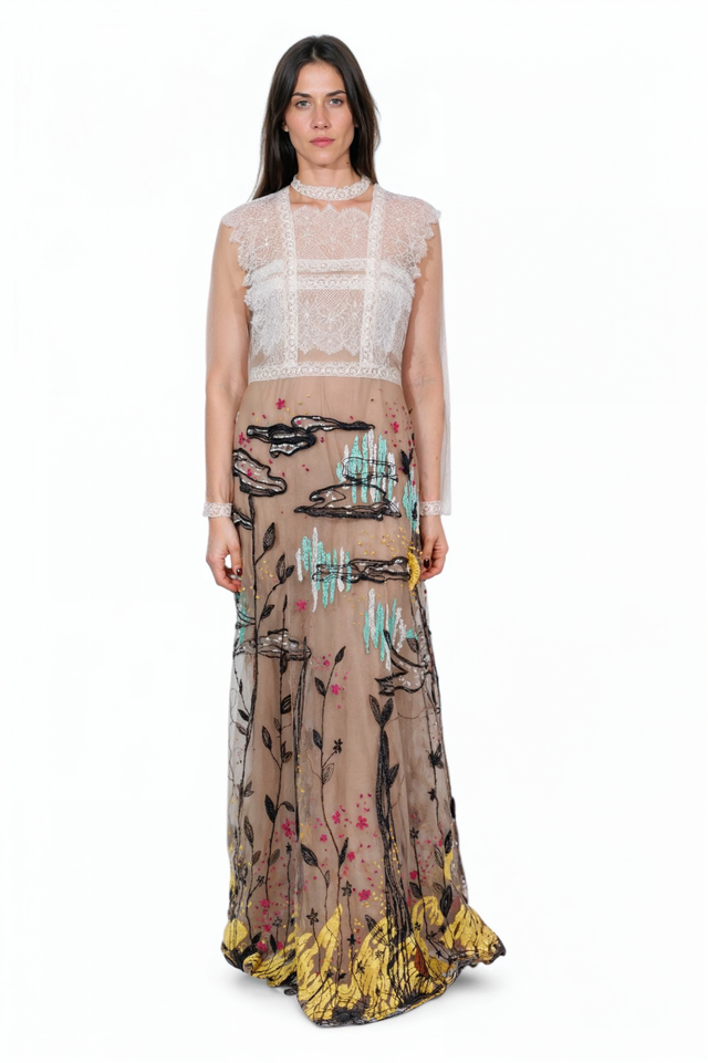 Valentino Sheer Lace & Embroidered Gown with Nature Motif