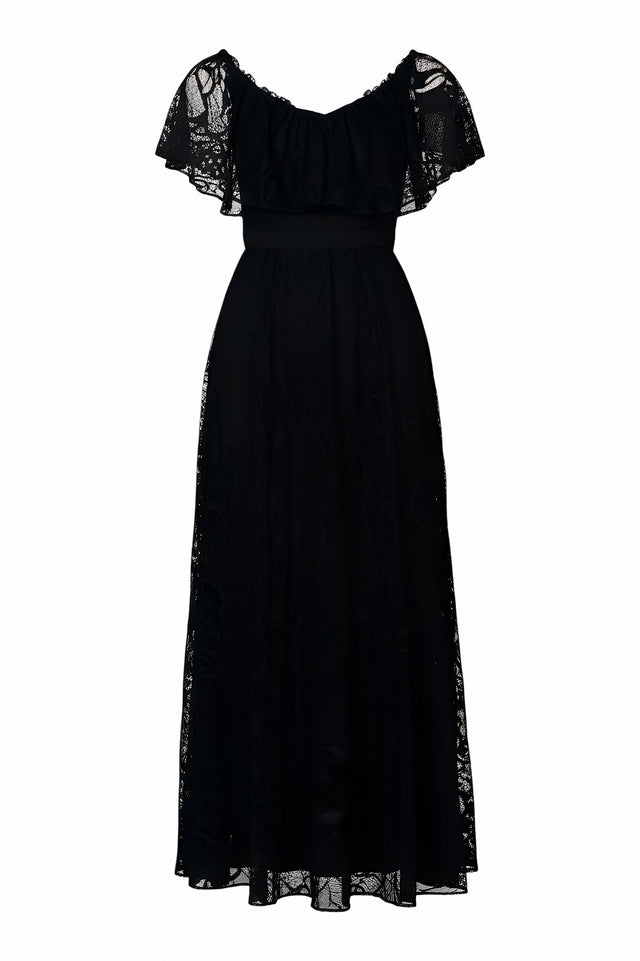 Valentino Black Lace Flutter Sleeve Evening Gown