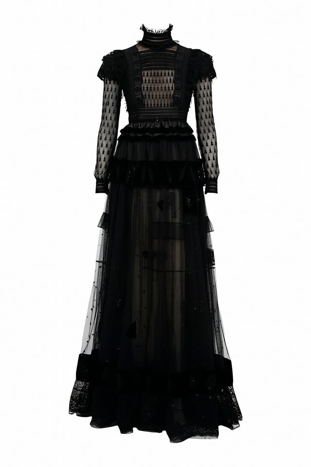 Valentino Black Sheer Lace and Tulle High-Neck Gown