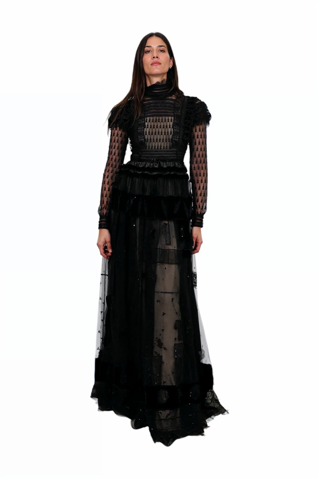 Valentino Black Sheer Lace and Tulle High-Neck Gown
