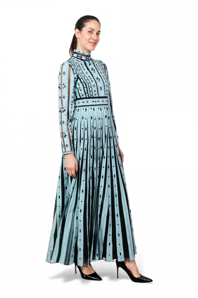 Valentino Blue Laser-Cut Leather Long Sleeve Gown