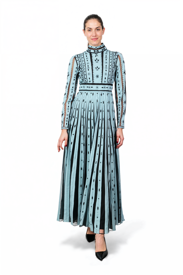 Valentino Blue Laser-Cut Leather Long Sleeve Gown
