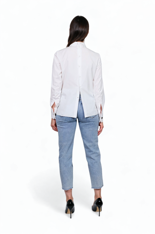 Valentino White Back-Button Blouse with Black Tiger Cuff Links