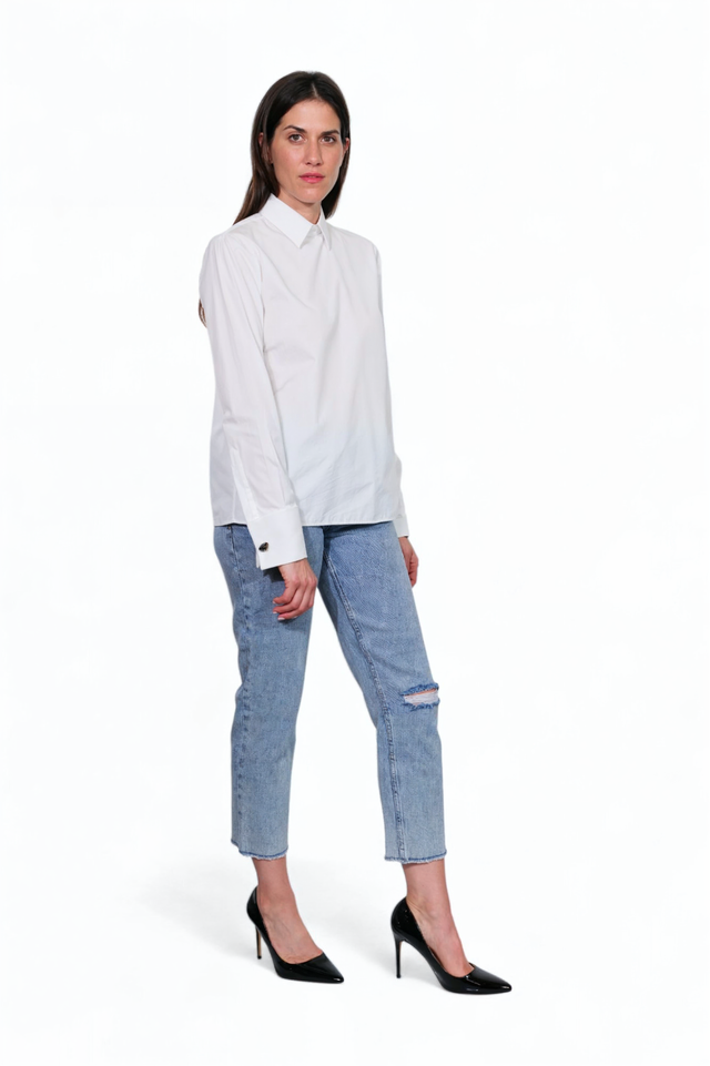 Valentino White Back-Button Blouse with Black Tiger Cuff Links