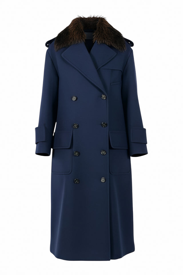 Valentino Navy Double-Breasted Wool Coat with Fur Collar