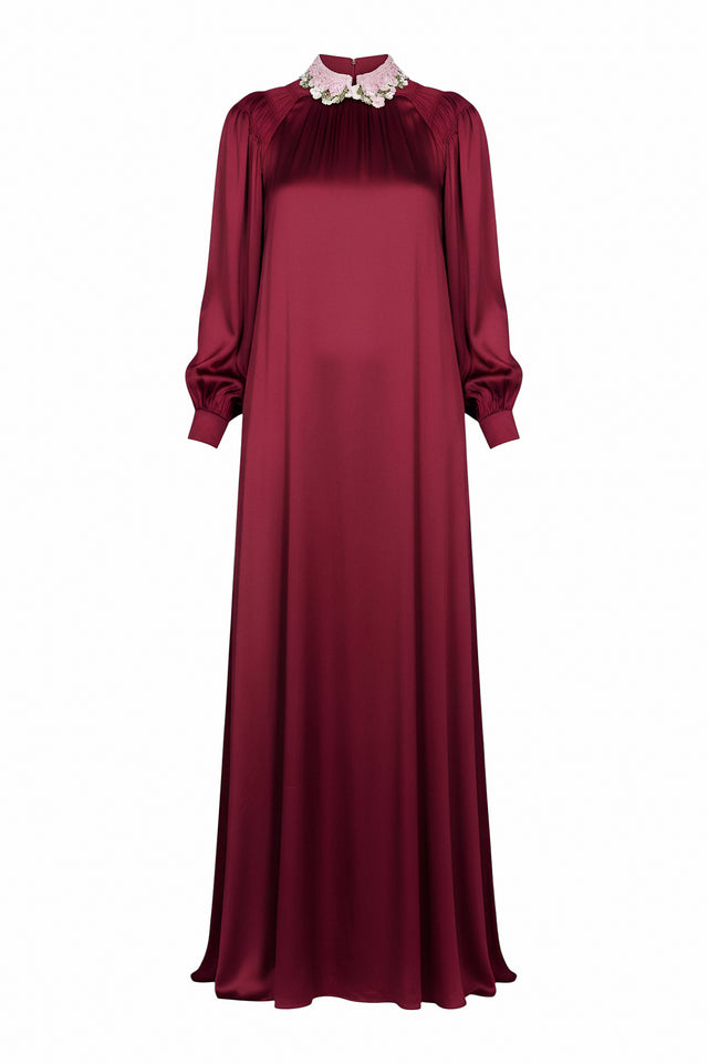Valentino Burgundy Gown with Floral Embellished Collar