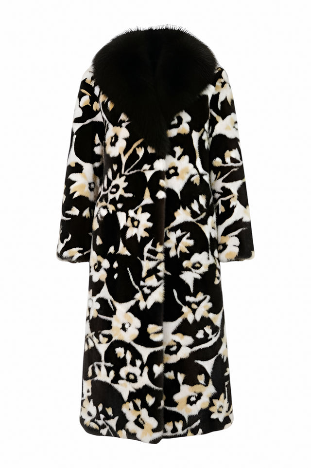 Valentino Floral Print Fur Coat with Black Fox Fur Collar