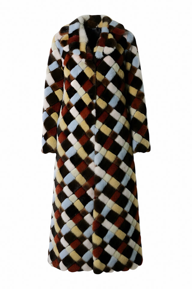 Valentino Multicolor Diamond-Patterned Long Fur Mink Coat